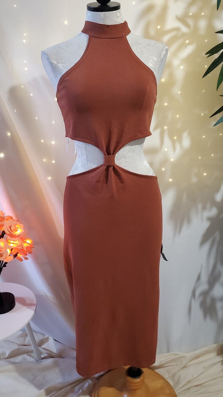 Lulus NWT Loving It Brown Knit Cutout Halter Bodycon Midi Dress Womens Size XL